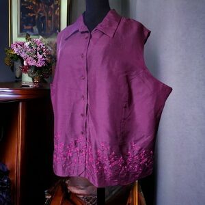 NWT ICE ( 3X ) SILK Wine Colored Sleeveless Short Waist Embroidered Floral Trim